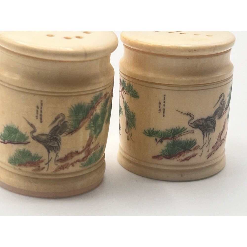 Rare 1930s Celluloid Salt & Pepper Shakers Handpainted Asian Crane Tree Motif - Picture 9 of 12